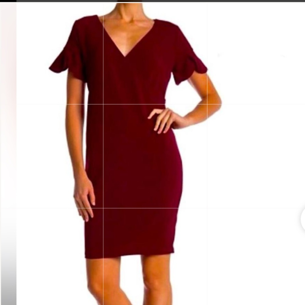 Alexia Admor Wrap Style Wine Pencil Dress, Short Tulip Sleeves, V-Neck, Sz M
